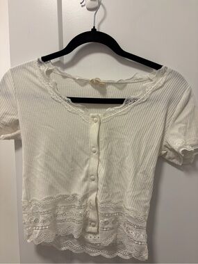 Caution To The Wind Cream Ribbed Lace-Trim Button Front Crop Top